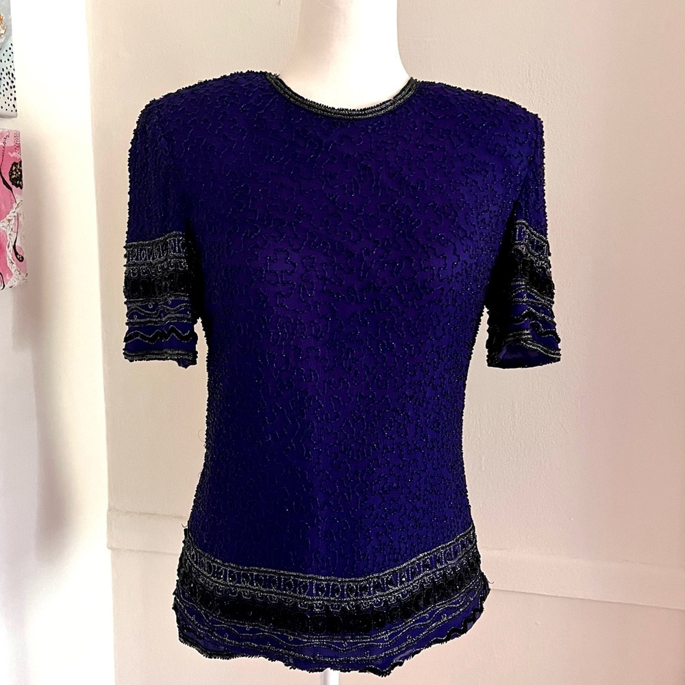 Vintage Camille Marie Top Medium 100% Silk Beaded Sequins Evening Formal Party